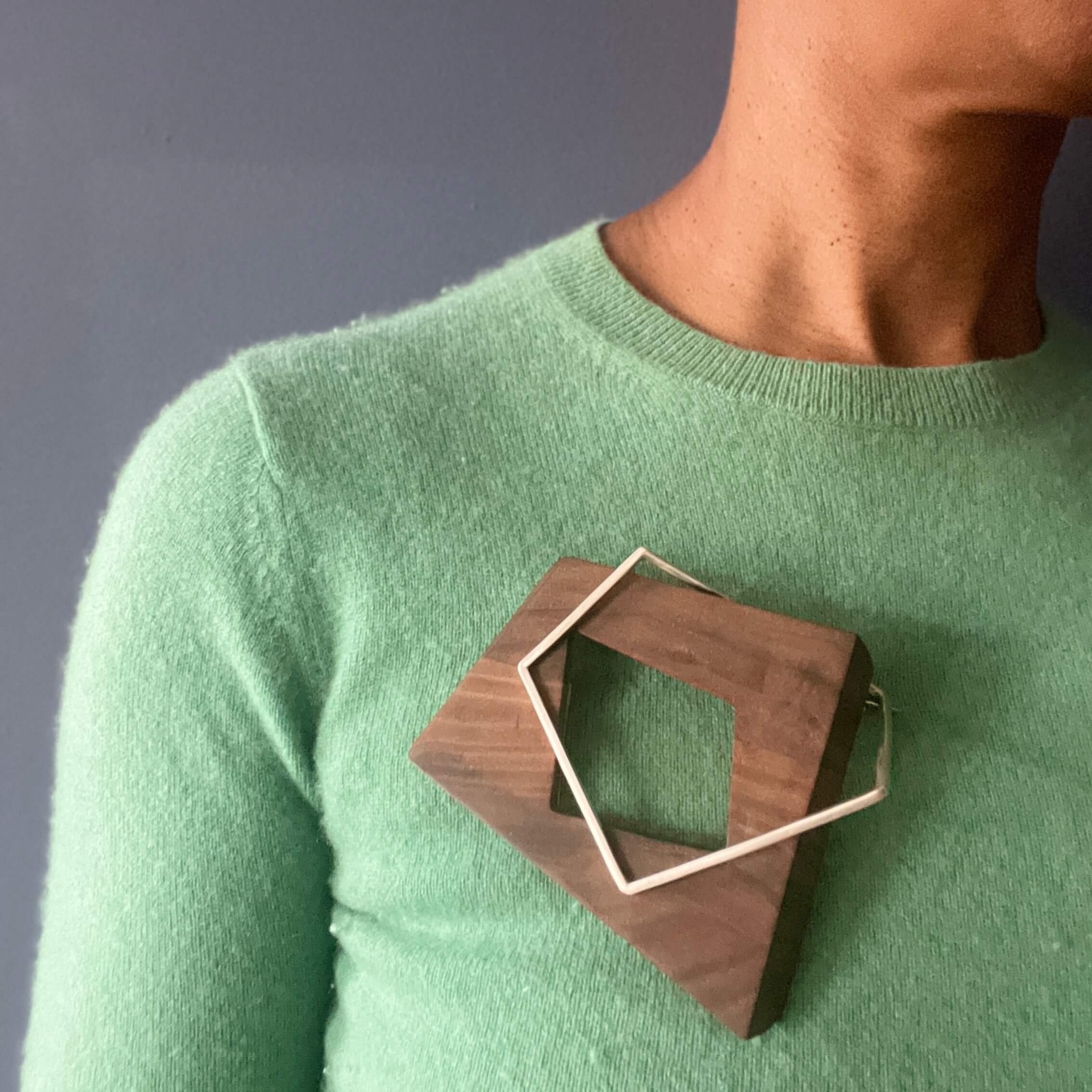 Handcarved Wood and Silver Brooch