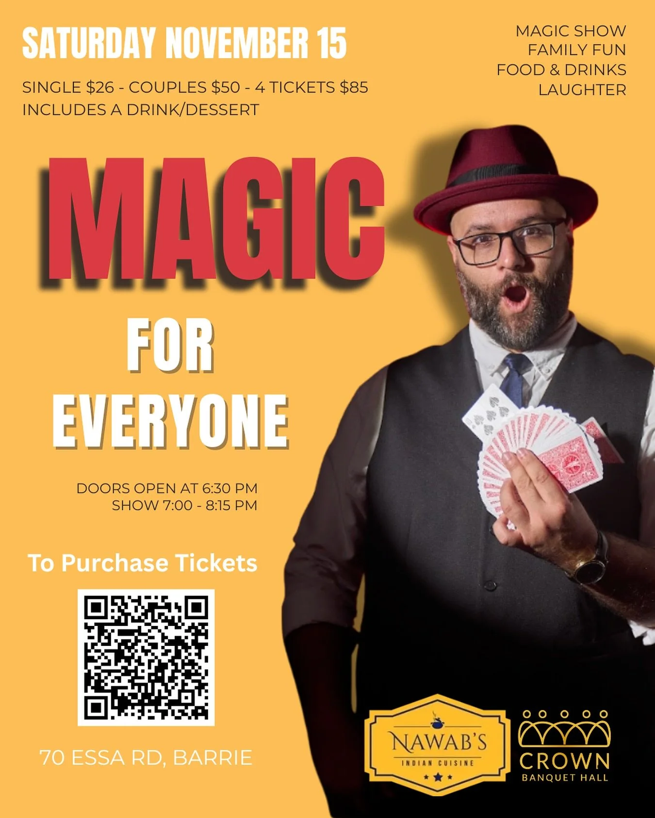 ✨ Magic For Everyone &ndash; Live in Barrie! 🎩
Get ready for a night of laughs, surprises, and pure magic!
Join The Colourblind Magician for a hilarious, high-energy show filled with mind-blowing tricks and comedy that&rsquo;ll have you grinning all