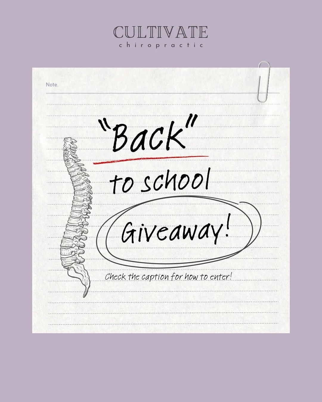 ✨ September Giveaway ✨
We&rsquo;re celebrating Back to School with a special raffle! 🍎🎒

👉 Here&rsquo;s how you can earn entries:
&bull; Come in for an adjustment or massage
&bull; Purchase supplements in-office
&bull; Leave us a Google review

🎁