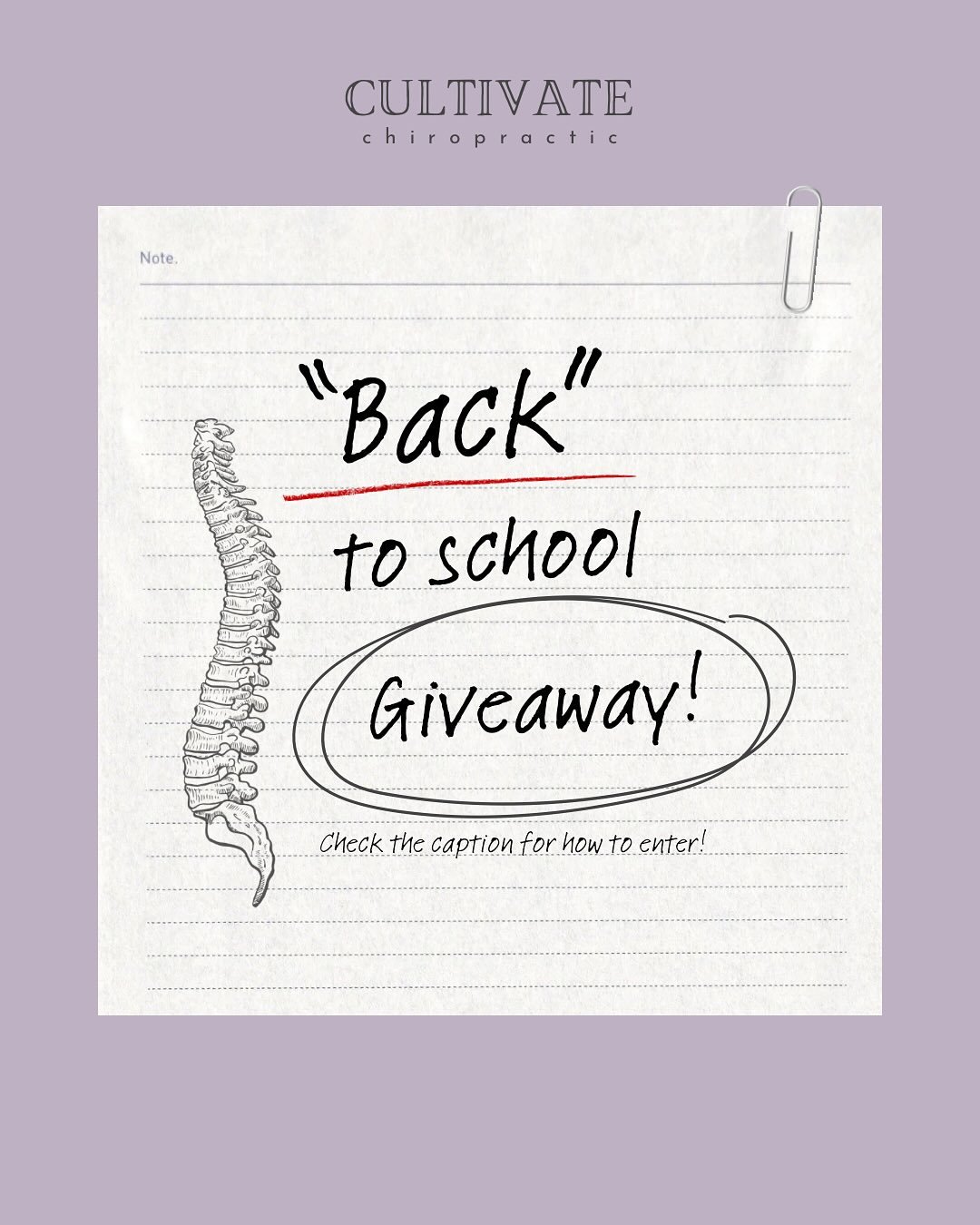 ✨ September Giveaway ✨
We&rsquo;re celebrating Back to School with a special raffle! 🍎🎒

👉 Here&rsquo;s how you can earn entries:
&bull; Come in for an adjustment or massage
&bull; Purchase supplements in-office
&bull; Leave us a Google review

🎁