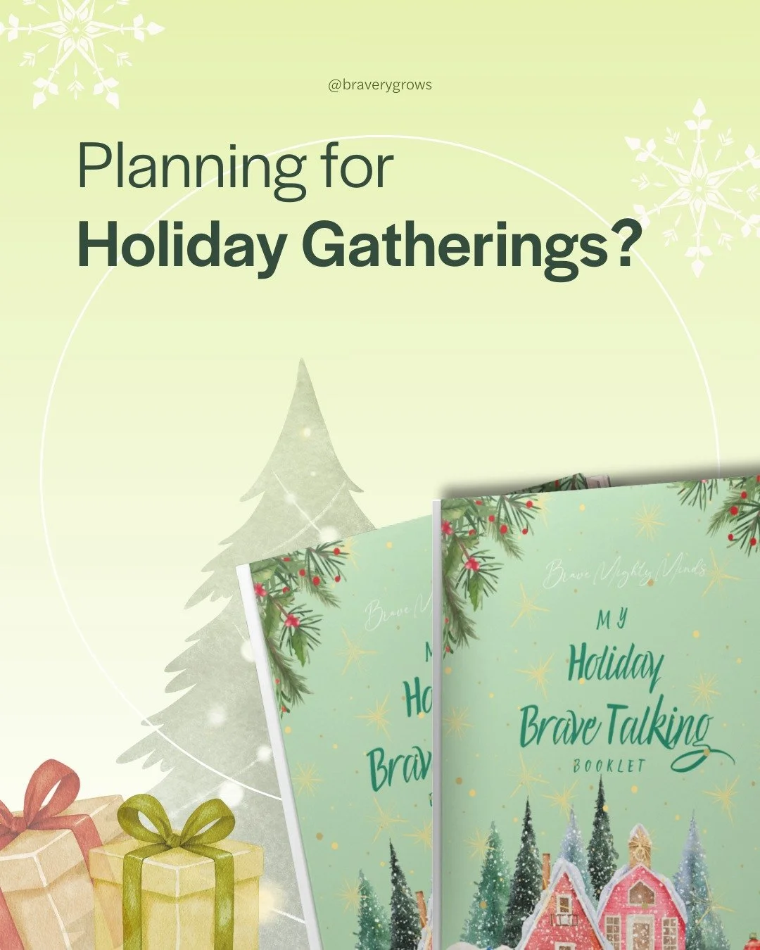 Planning for holiday gatherings with an anxious child? 🎄✨

Our Holiday Brave Talking Booklet was created to help families navigate this season with more confidence and calm. 🤍

Inside you&rsquo;ll find:
 📘 Psychologist-designed scripts for common 
