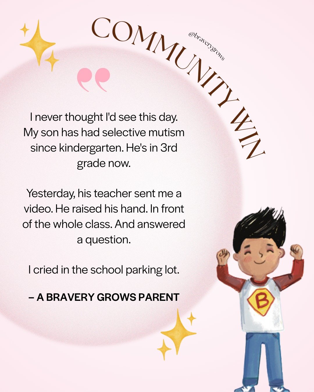 This message stopped us in our tracks. 💛

"I never thought I'd see this day.
My son has had selective mutism since kindergarten. He's in 3rd grade now.
Yesterday, his teacher sent me a video. He raised his hand. In front of the whole class. And