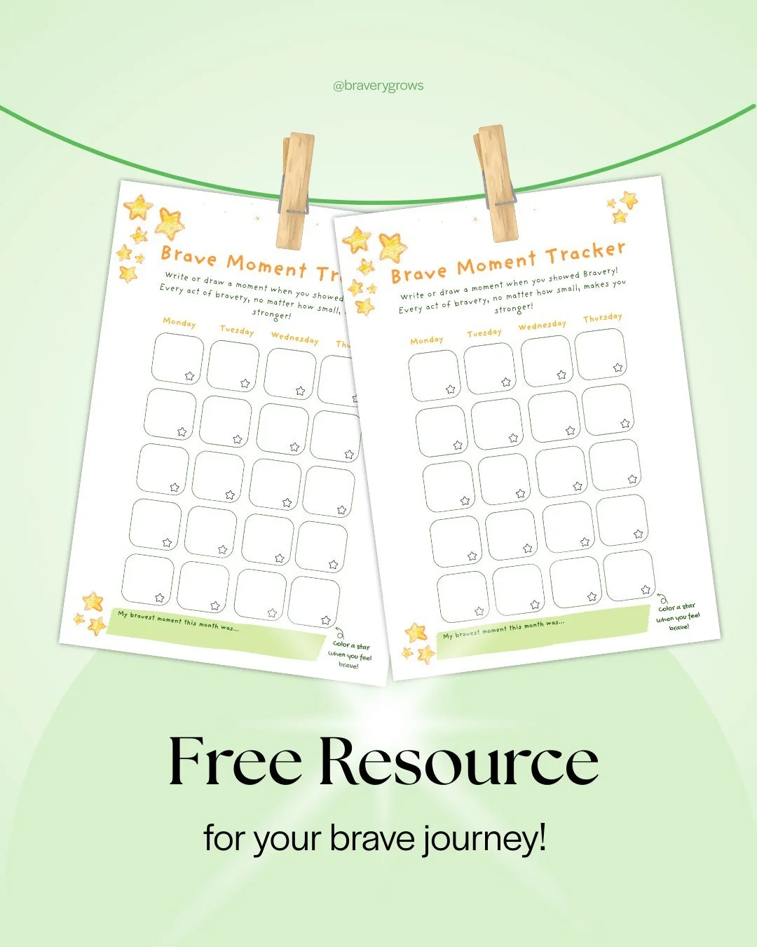 FREE RESOURCE for your brave journey! 🎁💛

Introducing the Brave Moment Tracker:
a simple printable to celebrate small wins. 🌟

HOW IT WORKS:
📝 Notice ONE brave moment each day
✍️ Write it down together 
🌟 Watch the page fill up with courage
🎉 C