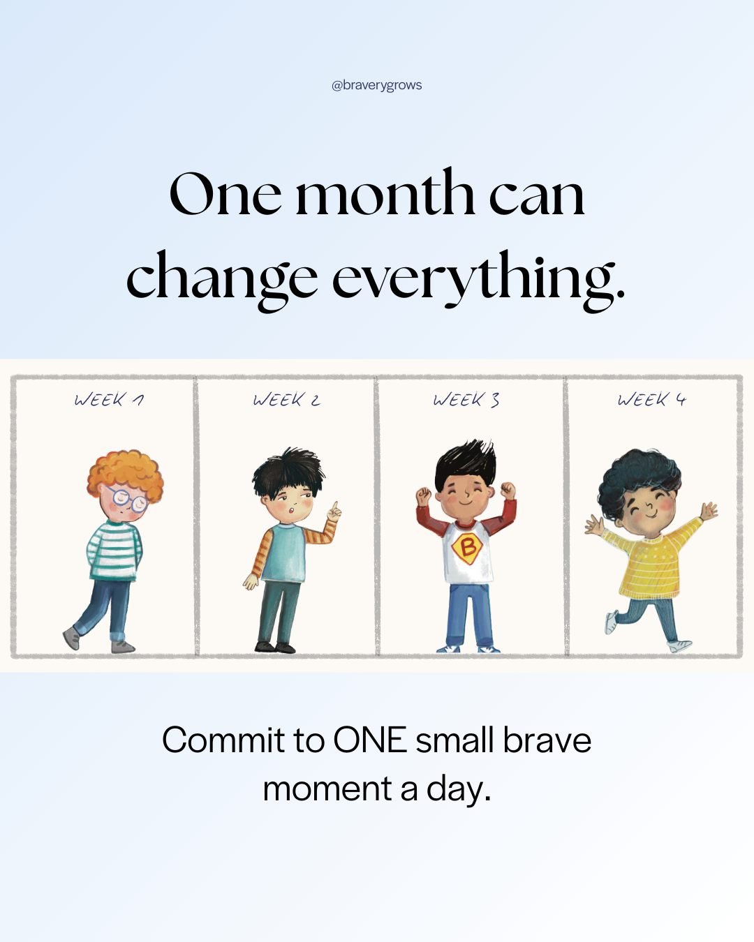 What if you committed to ONE small brave moment a day? 💪🌱

Just one. For 30 days. 📅

Here&rsquo;s what could happen:
💛 WEEK 1:
&rarr; It feels awkward and forced 
&rarr; You forget some days 
&rarr; Progress seems invisible 🔍

💛 WEEK 2:
&rarr; 