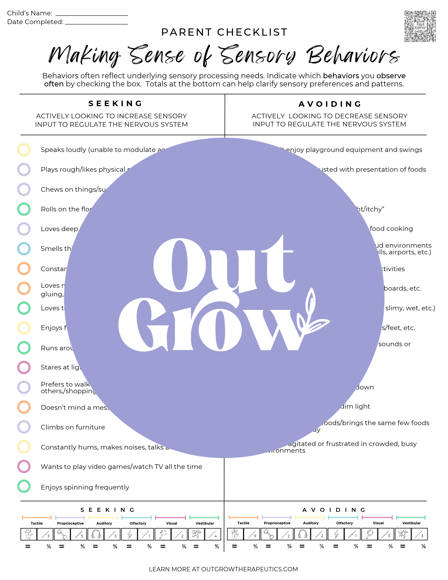 Making Sense of Sensory Behaviors: Sensory Seeking & Avoiding Checklist
