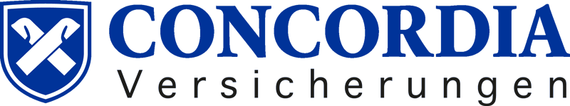 Logo der Concordia mit einem Schild mit zwei gekreuzten Hämmern und dem Wort 'Versicherungen' auf blauem Hintergrund.