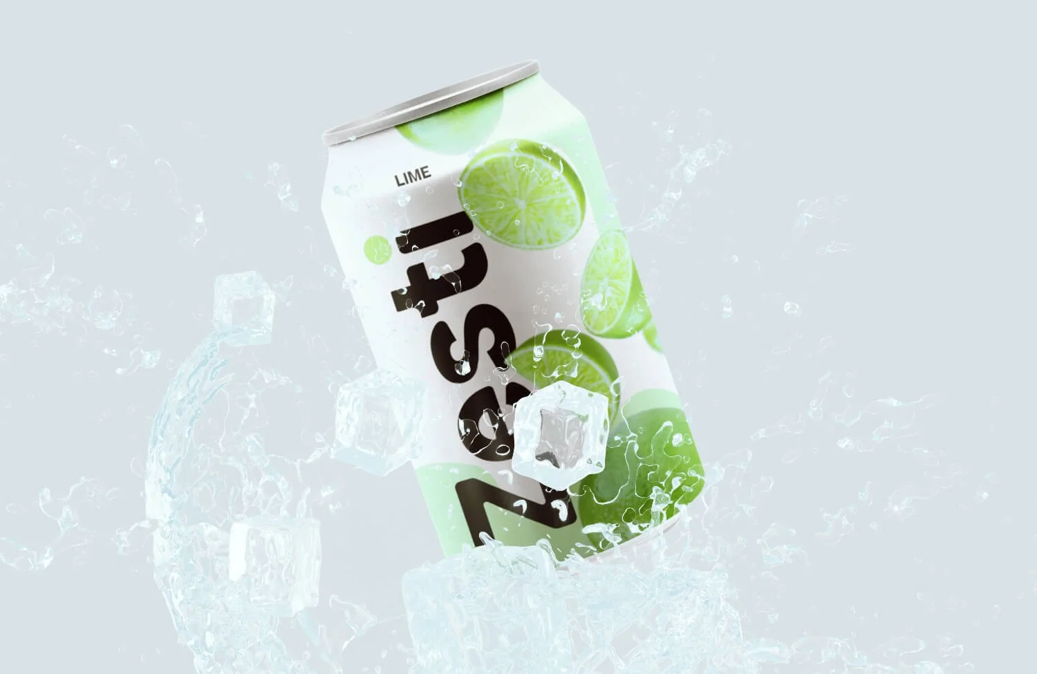 a soft drink can hovering over a splash of ice