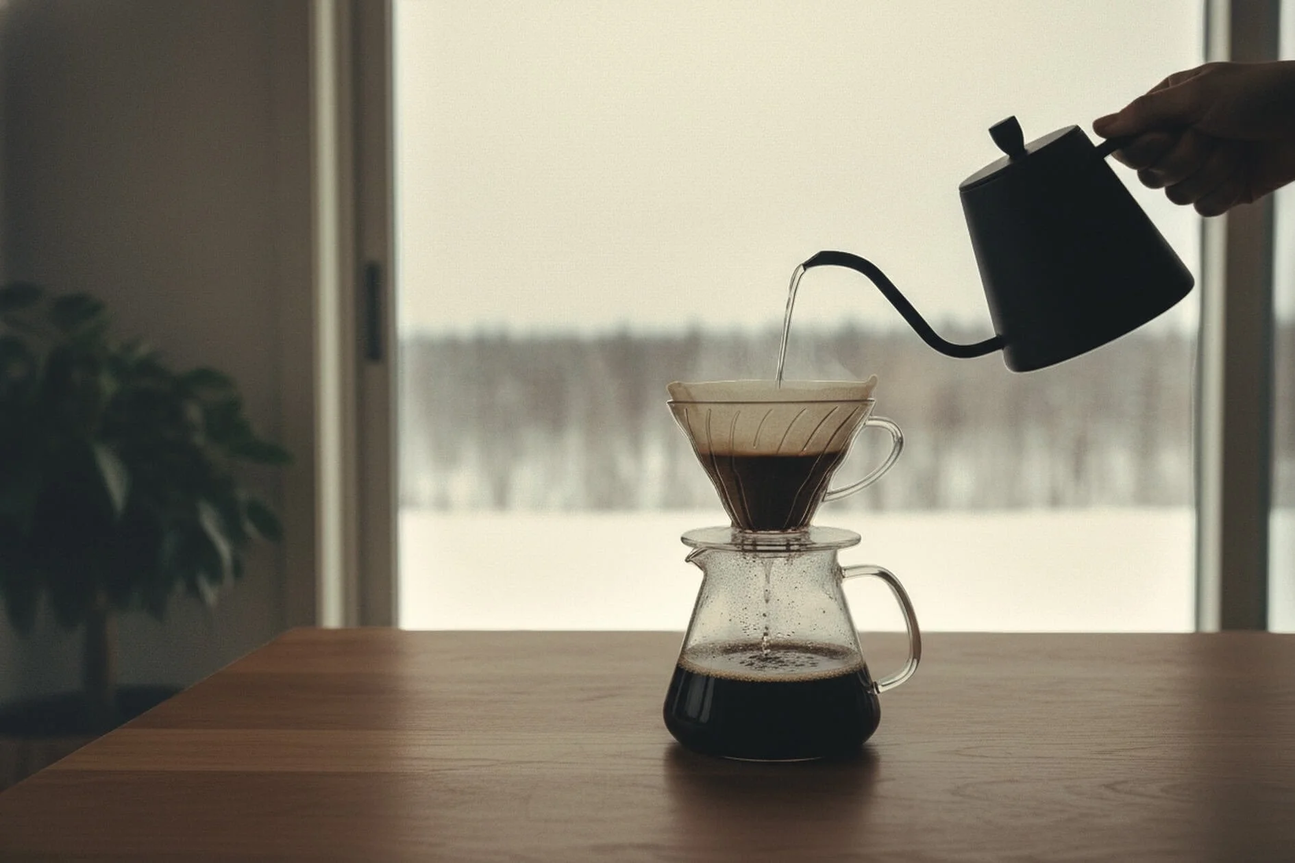 Pouring hot water from a black kettle into a dripper with coffee on a glass server, set on a wooden table near a window with snowy landscape outside.