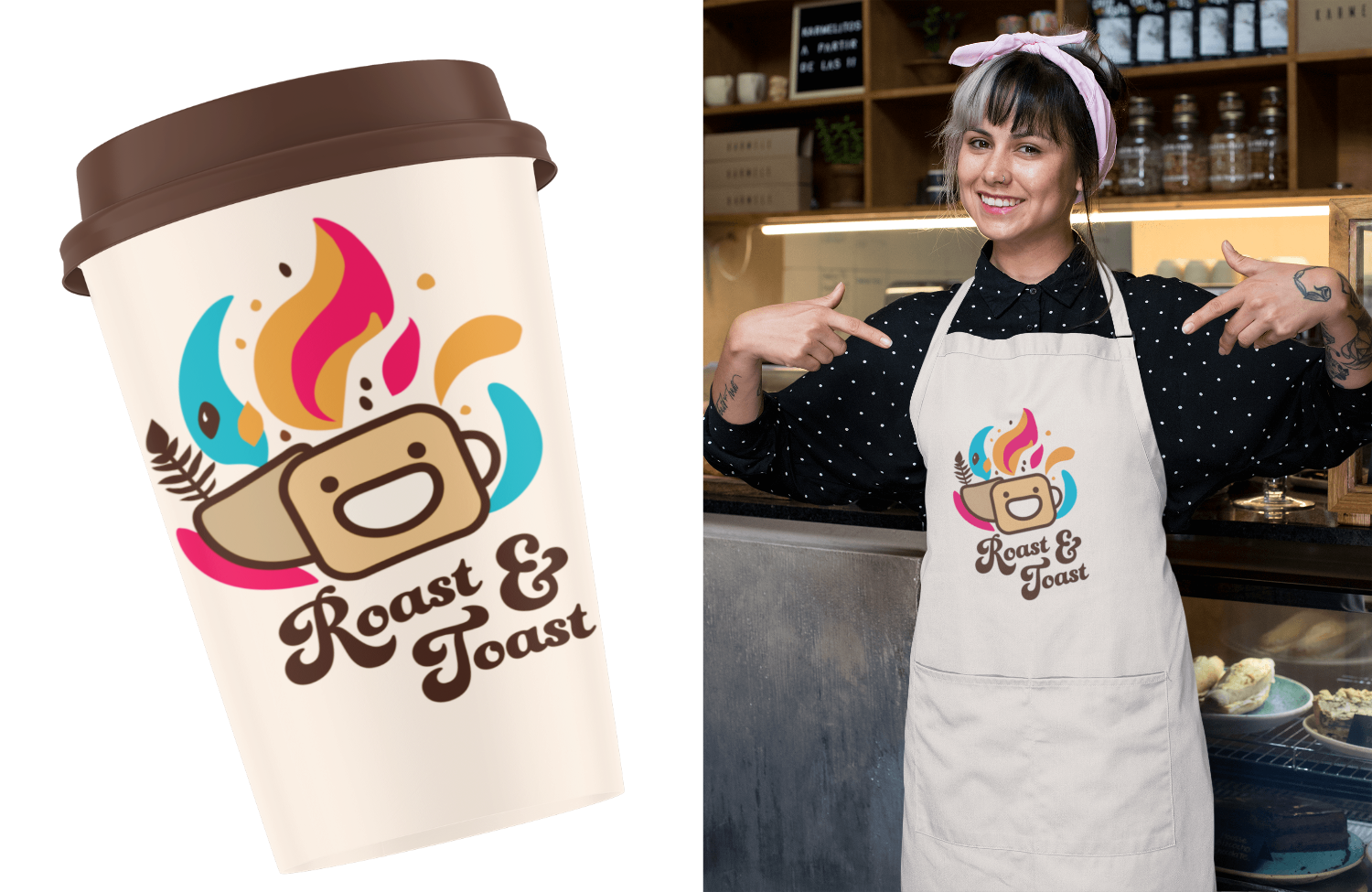 a smiling barista pointing at her apron which displays a Roast and Toast brand logo
