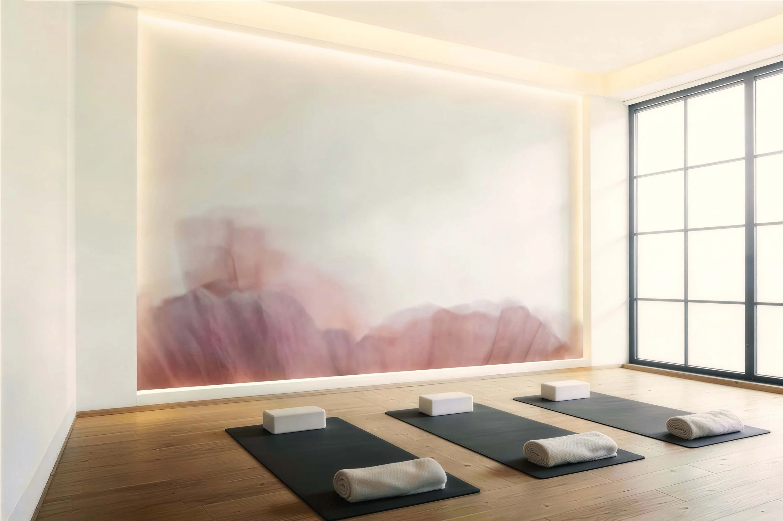 A yoga studio with four mats laid out on wooden floor, each with rolled towels and foam blocks, large window with a metal frame, white walls, and a large abstract painting on the wall.