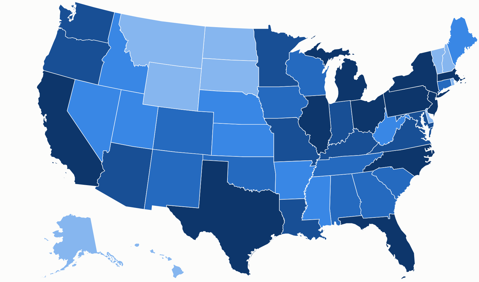 Map of the United States showing states in various shades of blue.