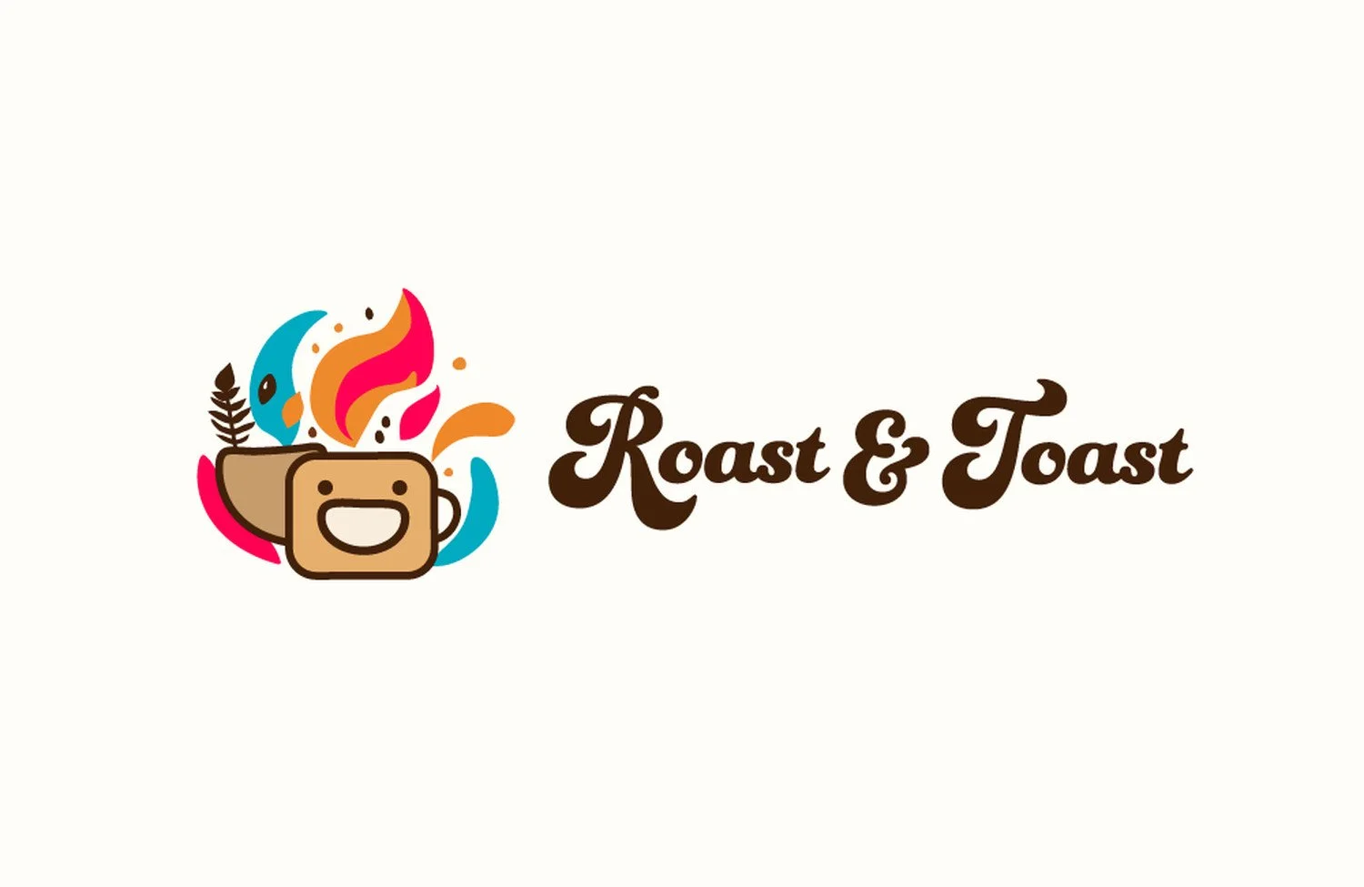 colorful roast and toast logo featuring an illustration of a happy slice oof toast in the shape of a coffee cup