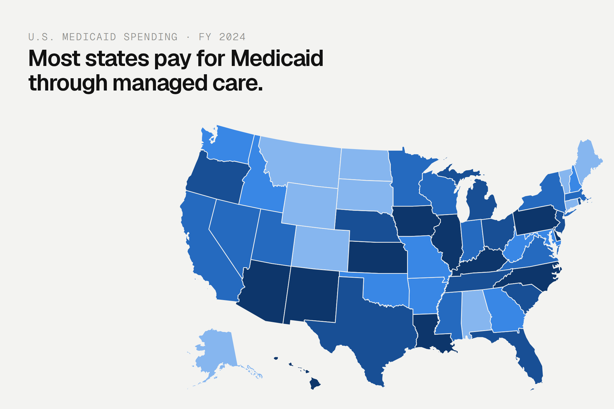 Map of the United States showing states shaded in different shades of blue, indicating Medicaid paid through managed care in FY 2024.
