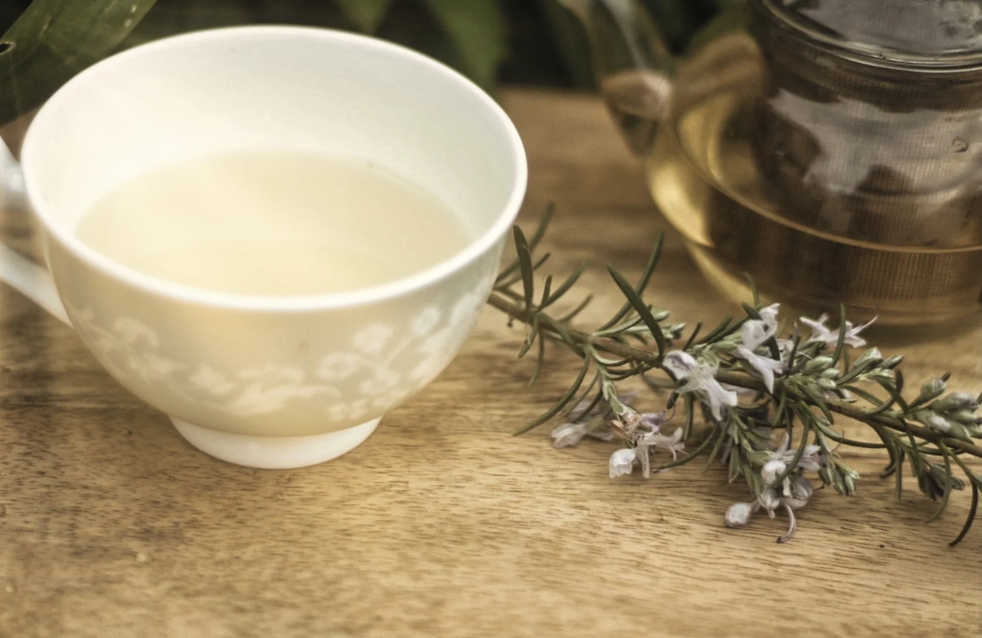 A white teacup filled with a pale yellow liquid, resting on a wooden surface. Next to the cup is a sprig of fresh rosemary with small white flowers, and in the background, a glass jar filled with dried tea leaves.