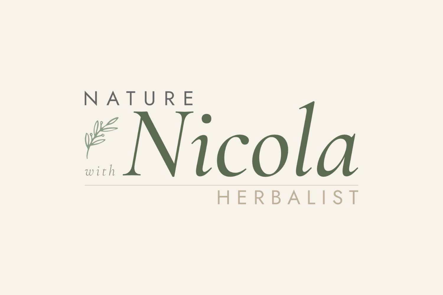 Logo for 'NATURE with Nicola HERBALIST' featuring a leaf illustration with a light beige background.