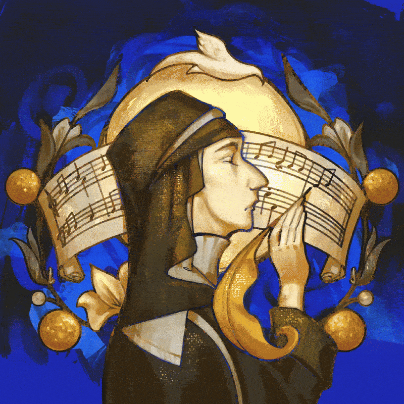 An illustrated nun in profile, with hands holding a quill, is surrounded by musical notes and vibrant blue and gold elements, evoking a sense of spirituality and music.
