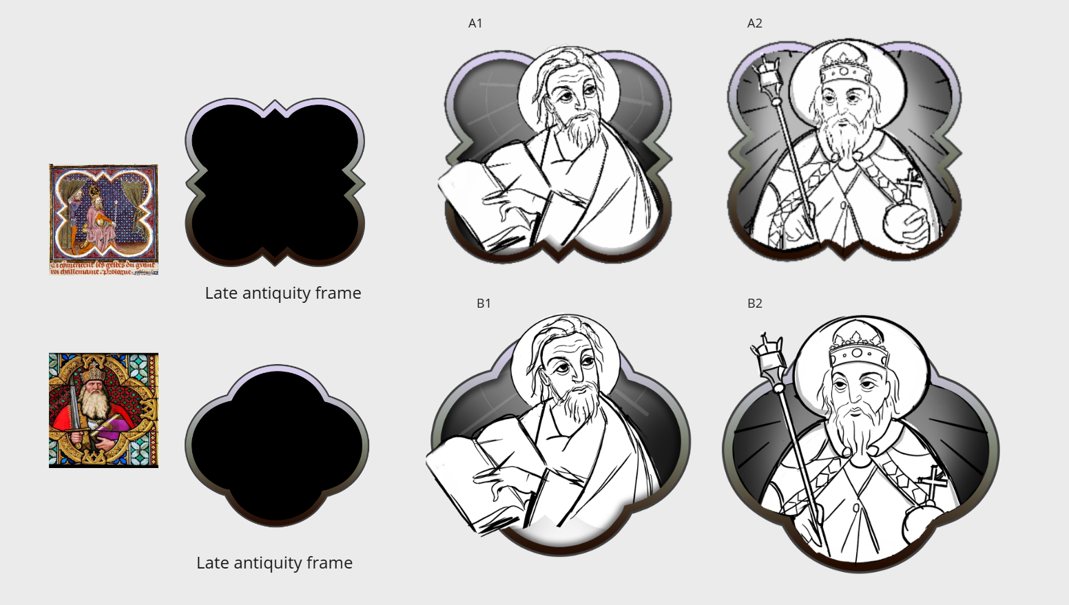 Painted fantasy-style icon set showing a character illustration progressing from sketch and line art to a fully colored icon with gold accents and halo framing, displayed alongside frame and silhouette variations for UI readability.