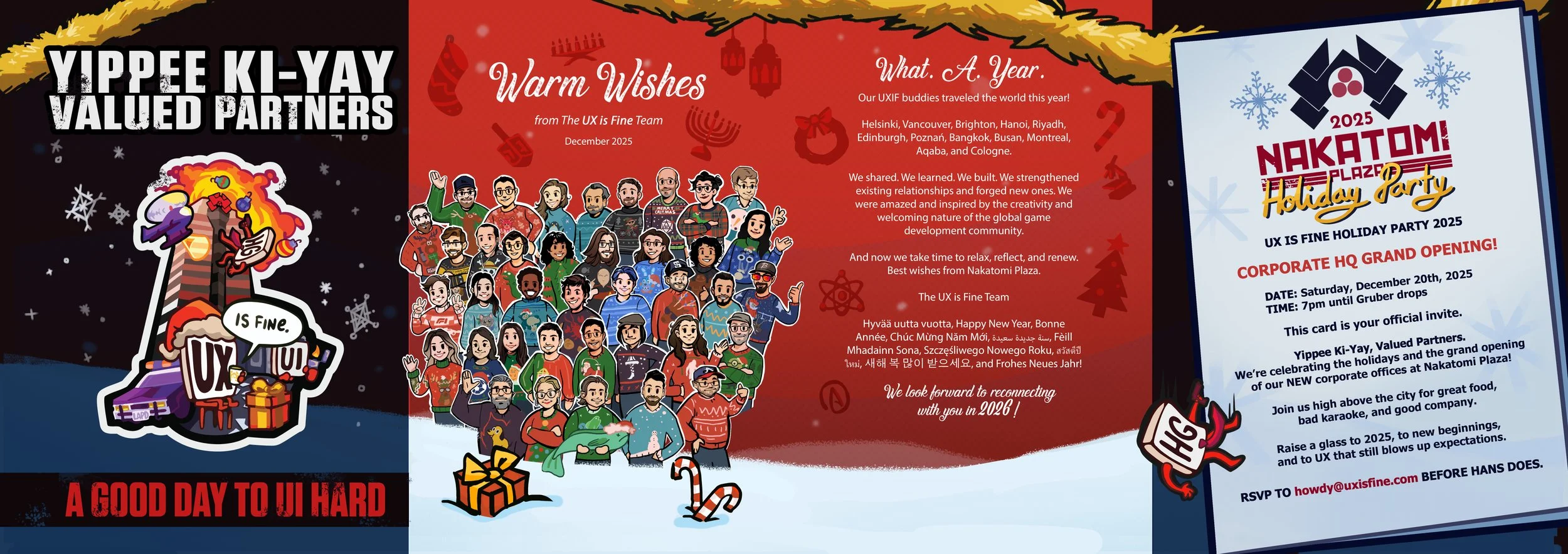 A panoramic spread of the inside of the holiday card with the sticker on the first panel, the team member group shot on the second, and a festive greeting on the third.