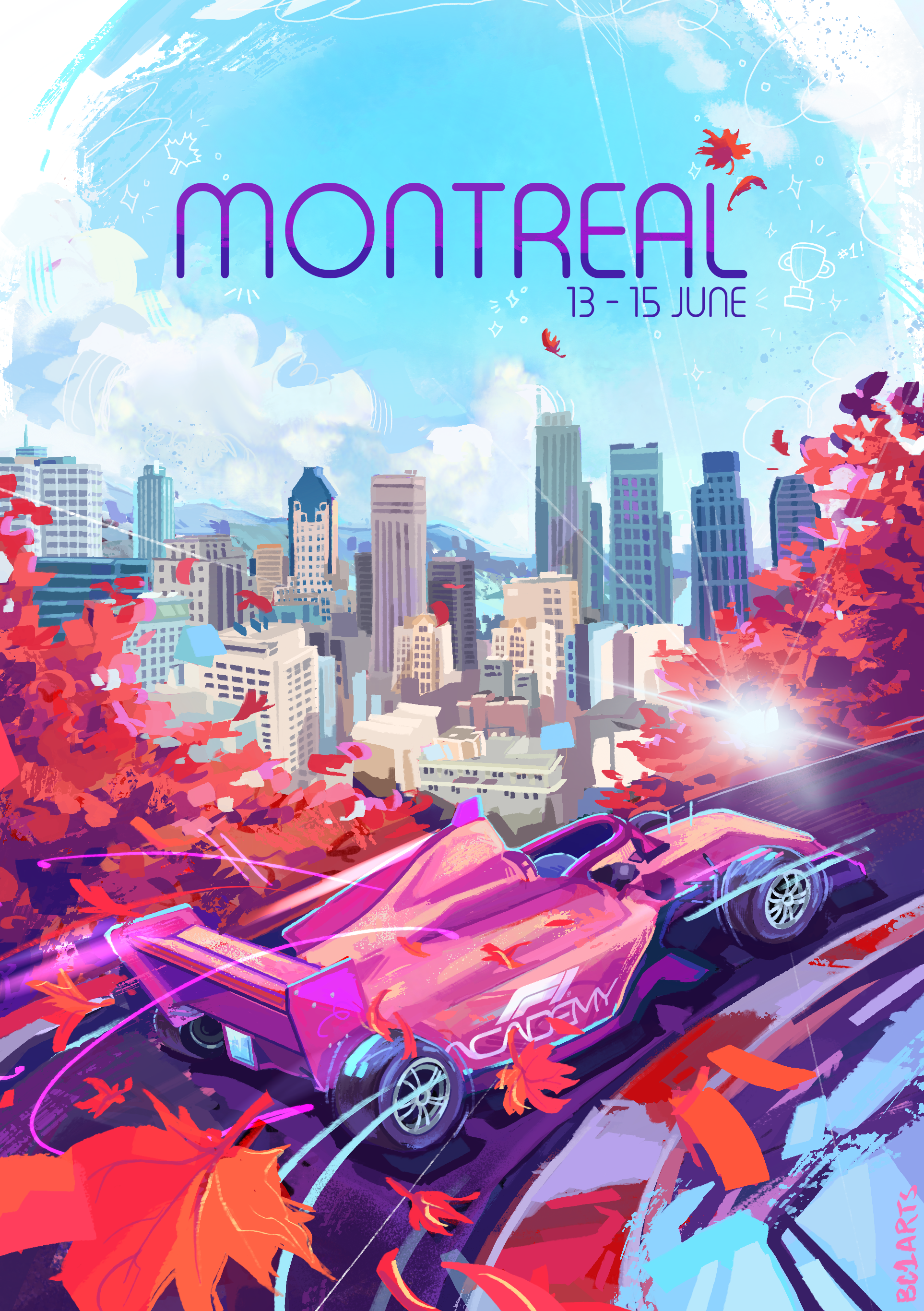 An illustration of a Formula 1 Academy car racing up a road with maple trees and a cityscape behind it.