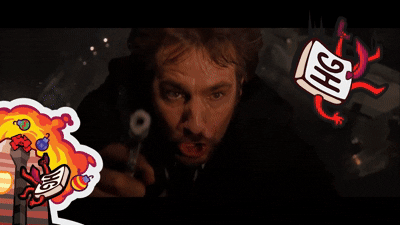A gif of Hans Gruber falling from the tower in the movie "Die Hard." The "HG" character is shown next to him.