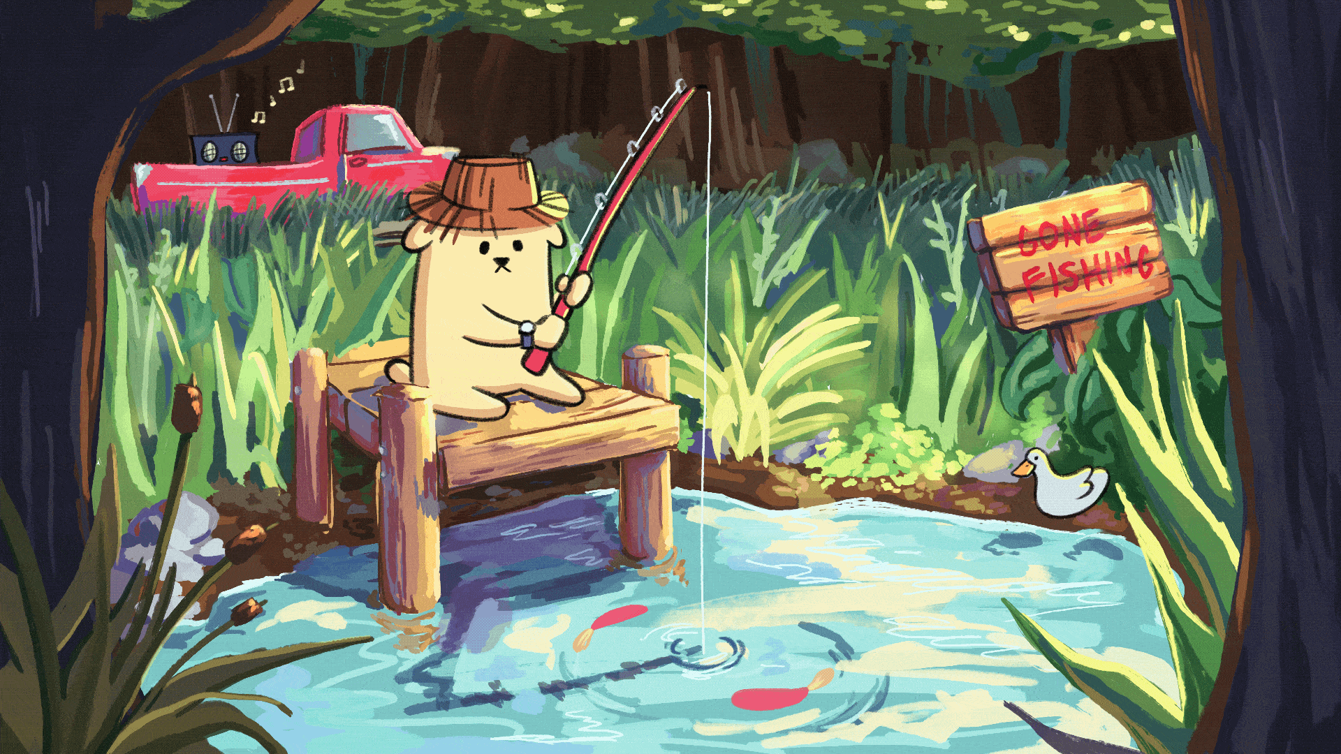 A gif animation of a dog fishing at a pond.