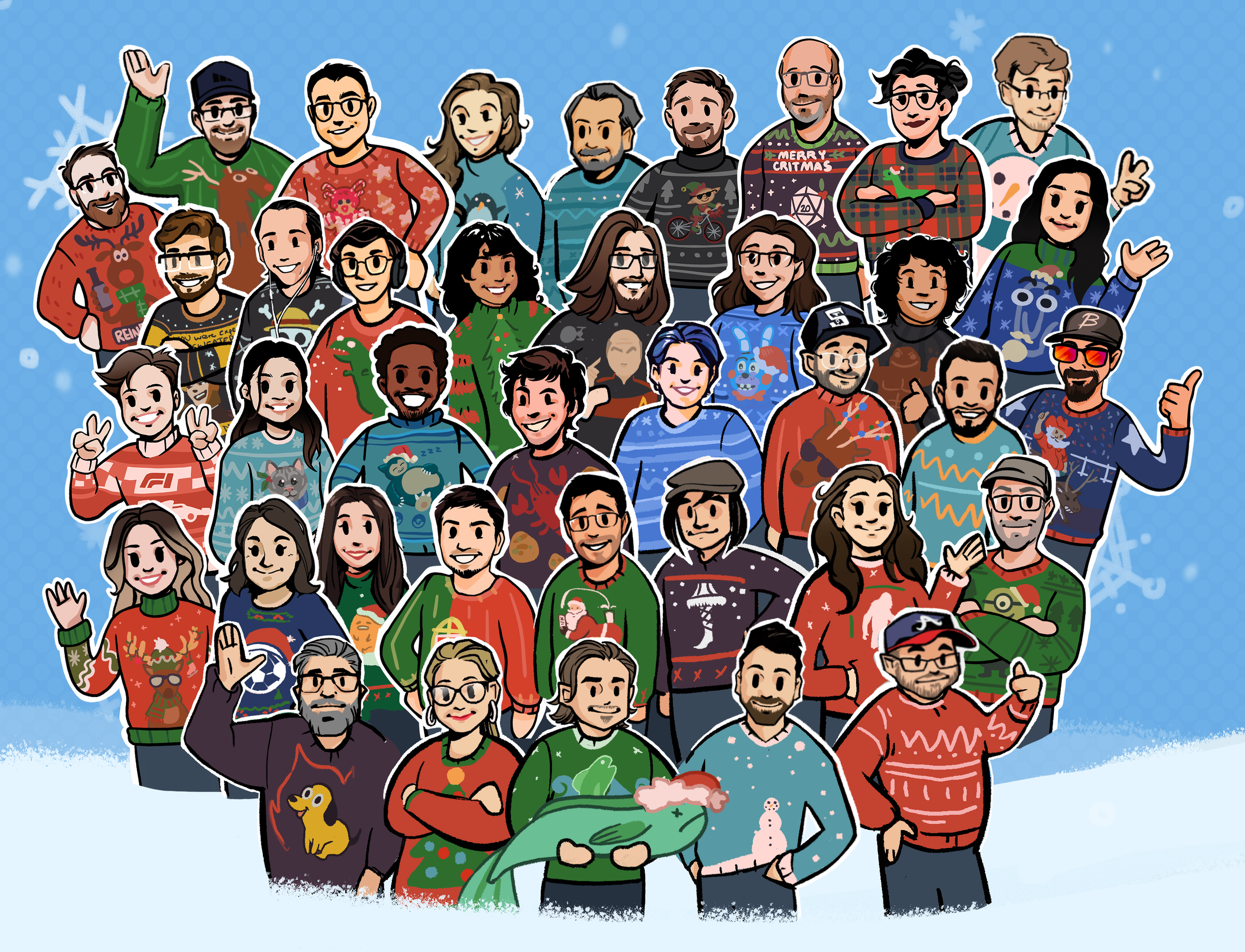 The UX is Fine team wearing holiday sweaters in a group.