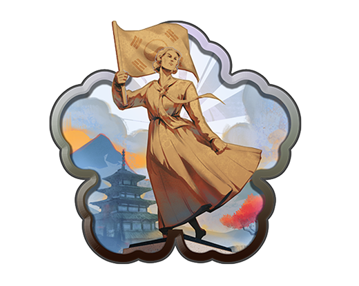 A figure in traditional attire holds a flag with historical significance against a backdrop of a traditional Korean building and vivid sky, symbolizing heritage and cultural pride.