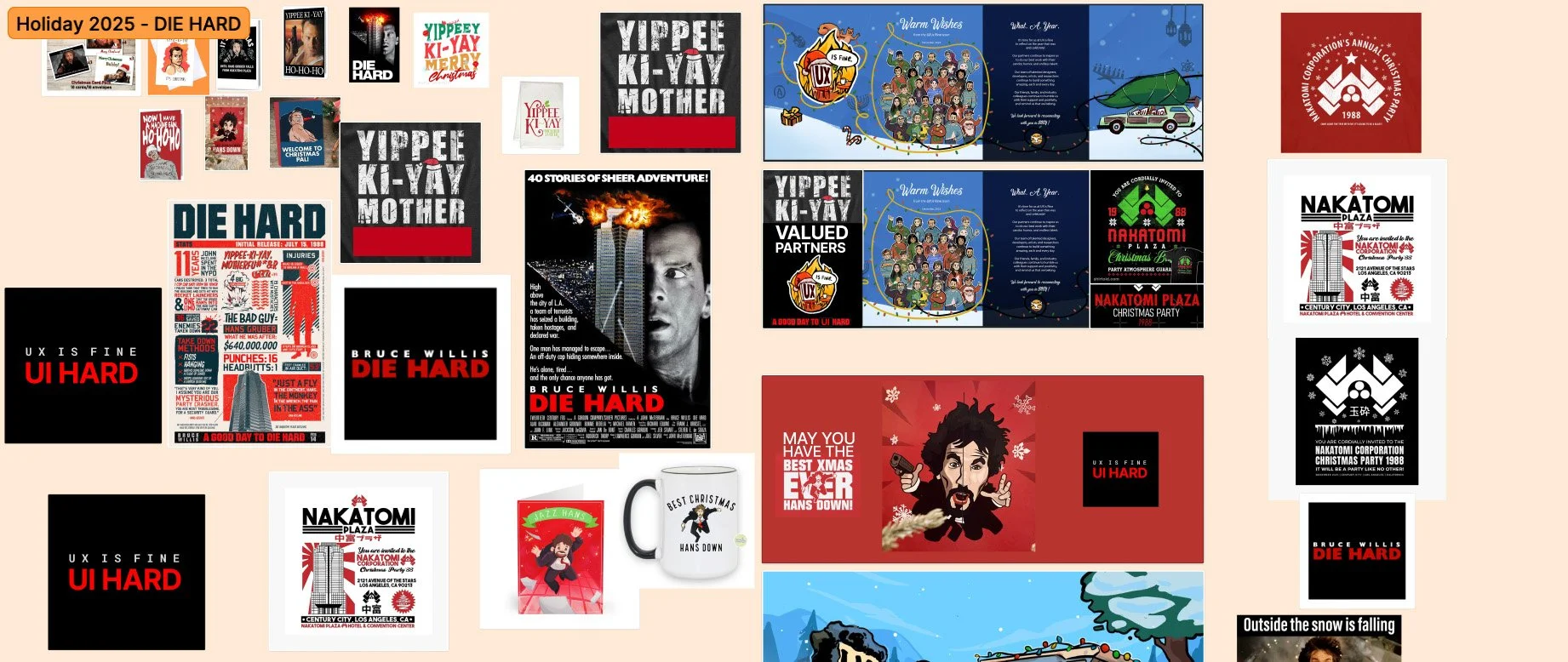 A Figma moodboard of various Die Hard memes, posters, and references.