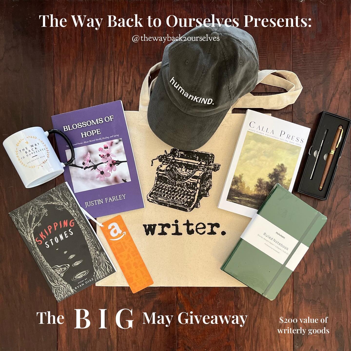 ✨✨ENTER NOW!!*** OVER $200 VALUE!!***THE BIG MAY GIVEAWAY WITH THE WAY BACK TO OURSELVES!!✨✨

Open May 12-19. Winner announced May 20. 

We are celebrating the drop of our literary journal&rsquo;s Spring Collection: REVIVAL, our &ldquo;Storytellers&r