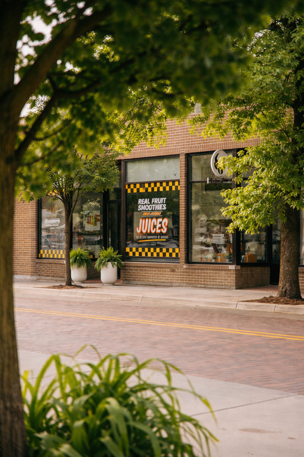 A storefront with large windows advertising real fruit smoothies and juices, decorated with black and yellow checkered patterns, green potted plants outside, and trees framing the sidewalk.
