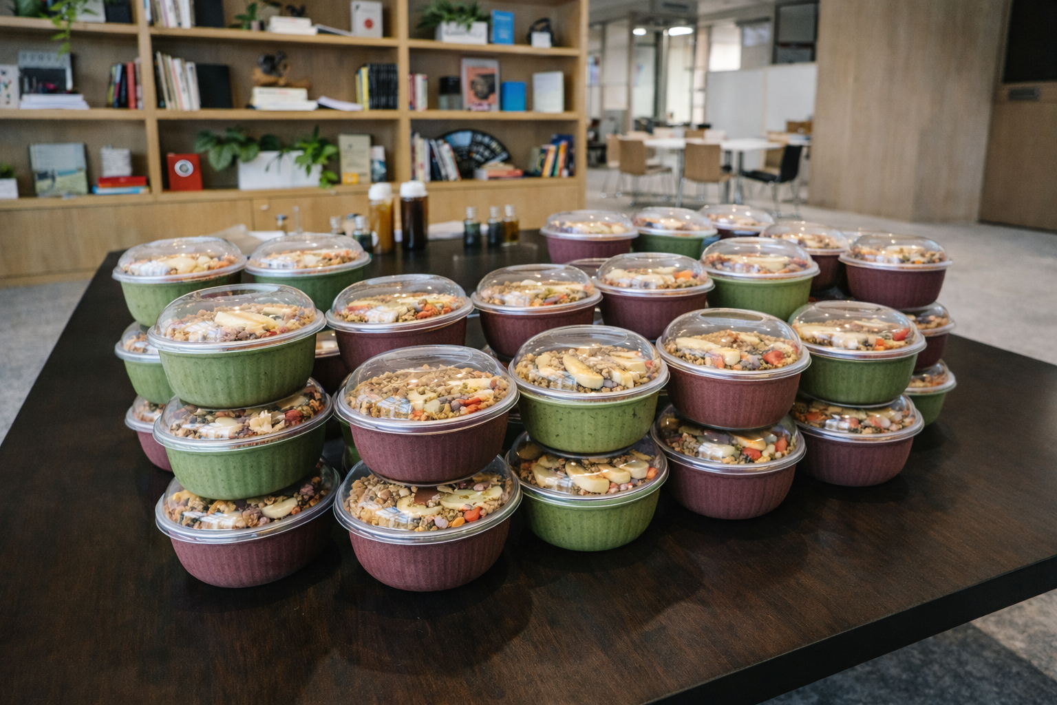 Multiple bowls of salad with clear plastic lids arranged on a dark wooden table in a room with bookshelf and tables in the background.