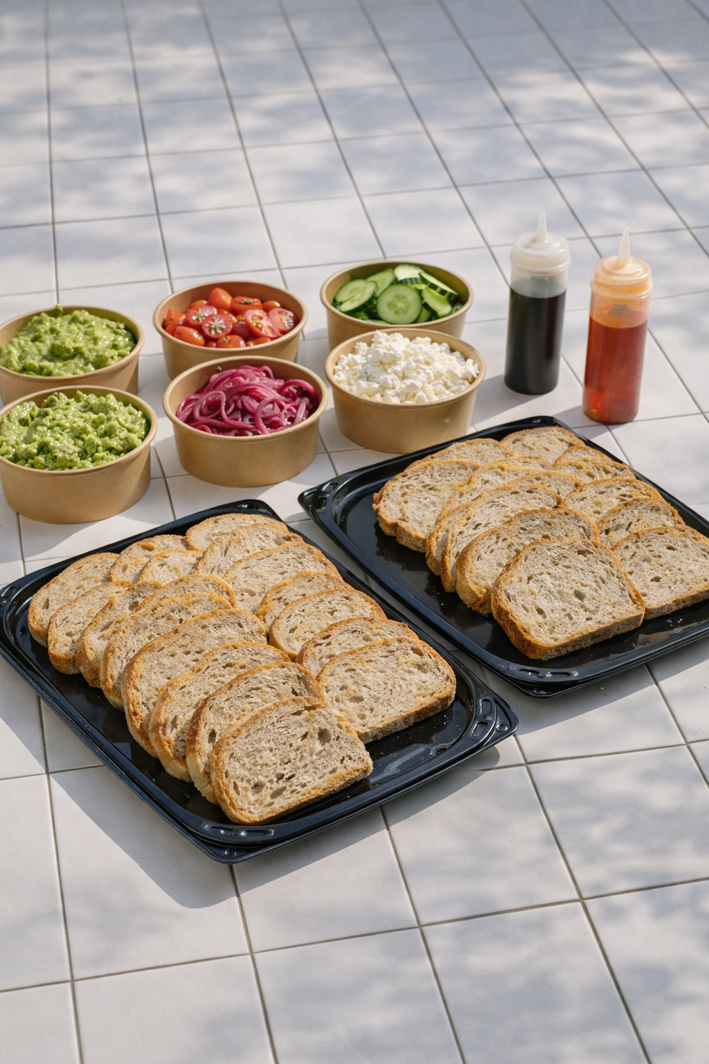 Sliced bread, bowls of guacamole, cherry tomatoes, sliced cucumbers, chopped white onions, shredded cheese, and bottles of ketchup and soy sauce on a tiled floor.