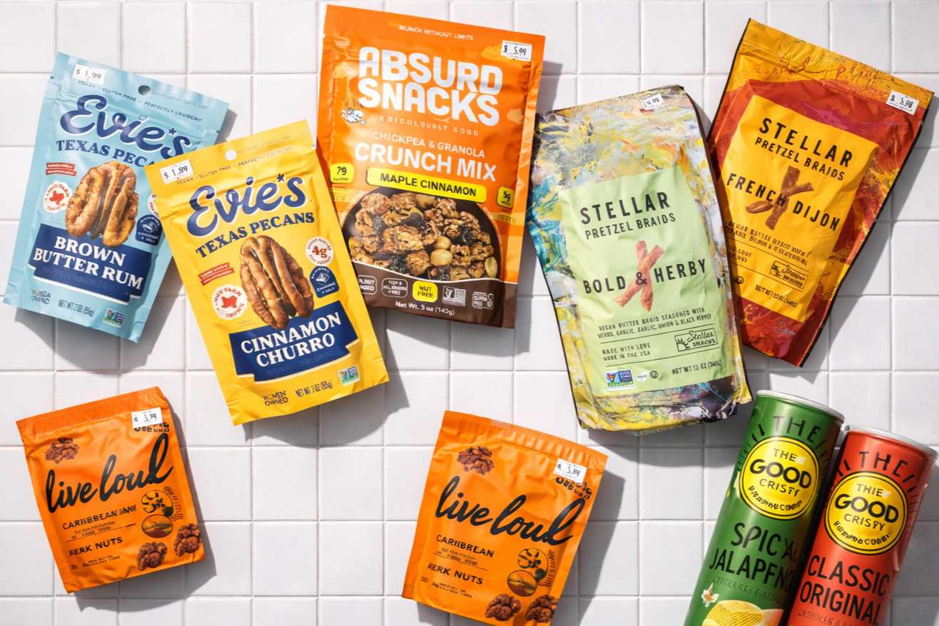 a few bags of our favorite vegan, crunchy snacks on a table at Good judys in Grand Rapids