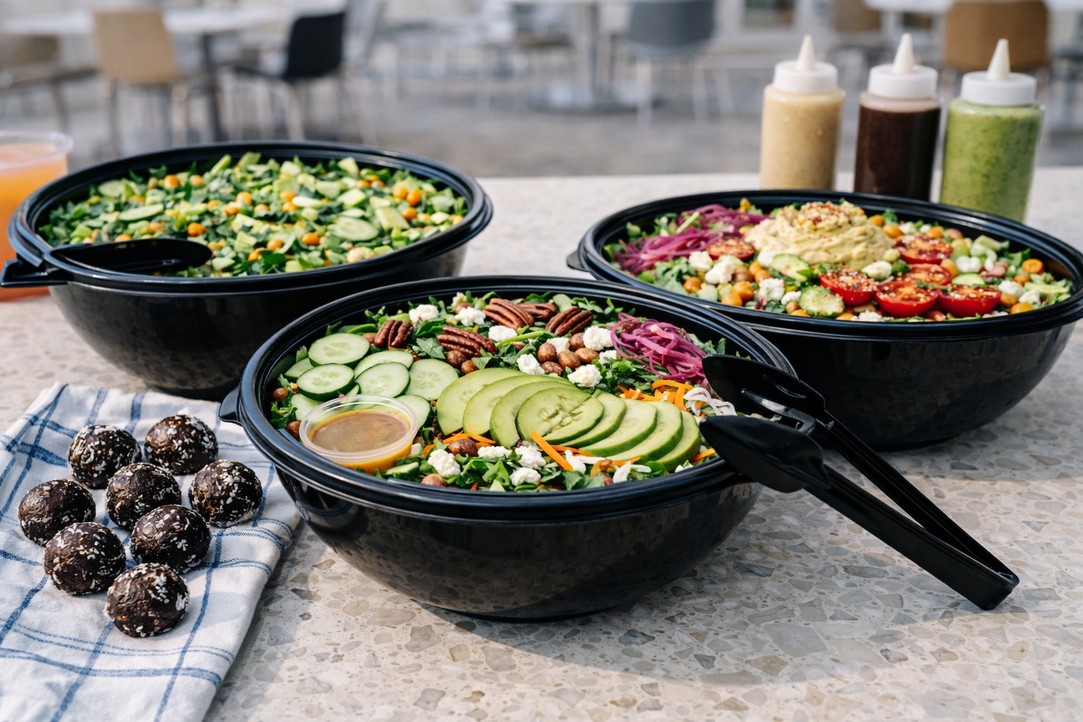 Three bowls of salad on a countertop with bottles of dressing in the background and a small plate of almond and chocolate snacks to the side.