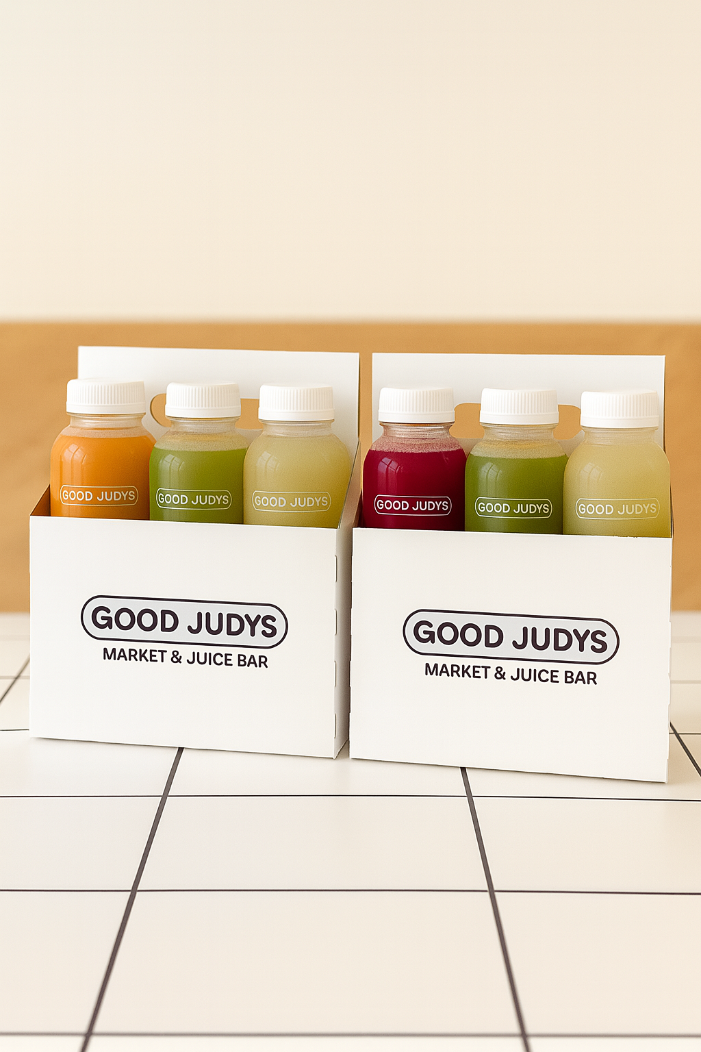 A display of bottles of juice in two white boxes labeled "Good Judys Market & Juice Bar." The bottles contain orange, green, yellow, and red juices, with labels reading "Good Judys."
