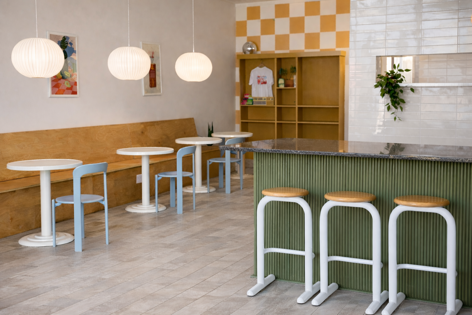 Empty cafe with white round tables, blue and white chairs, a green bar counter with wooden stools, hanging white pendant lights, artwork on the wall, a wooden shelf, and decorative plants.