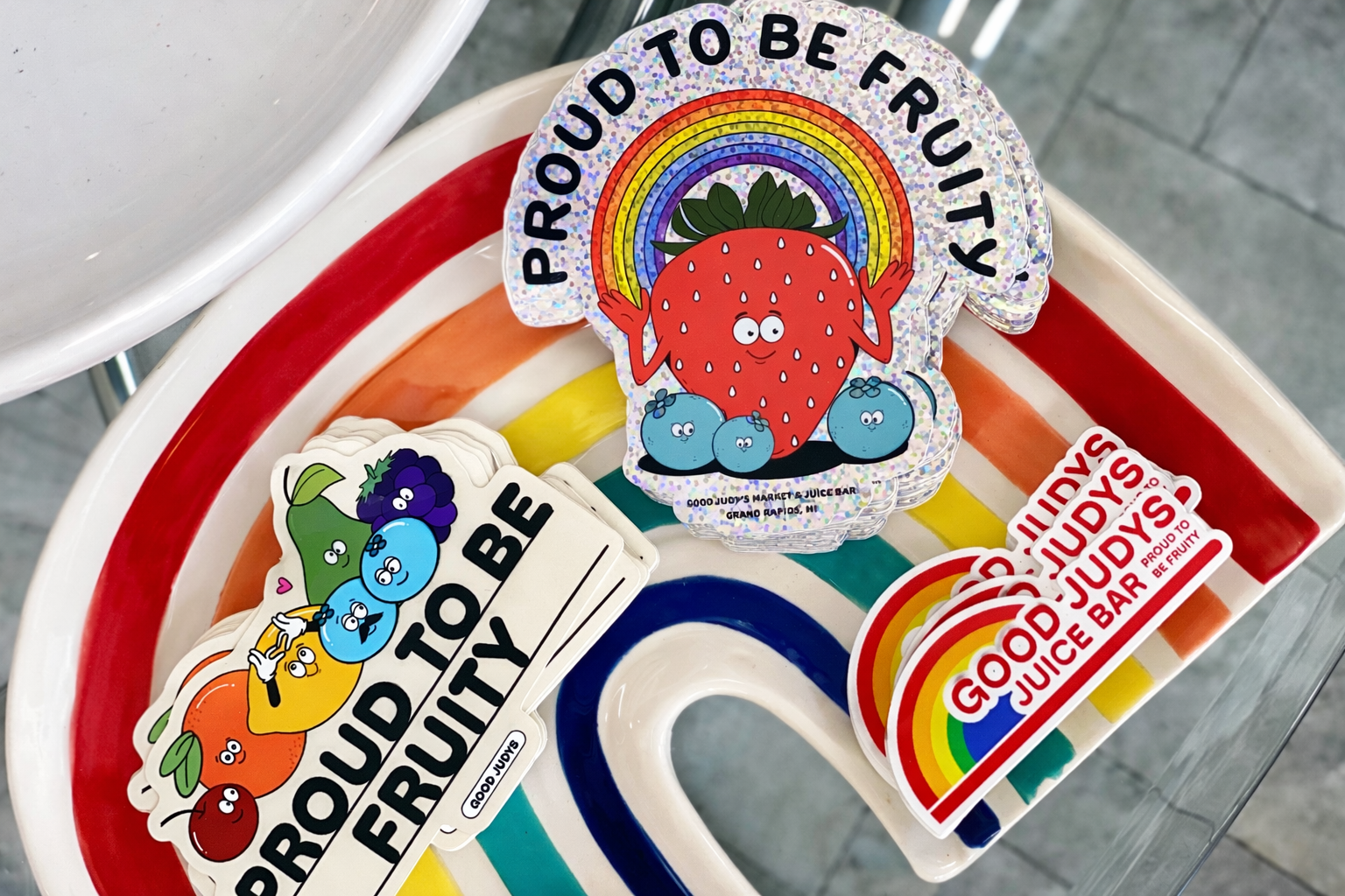 "proud to be fruity" pride stickers designed by dean jeffery for Good Judys Market in Grand Rapids, MI
