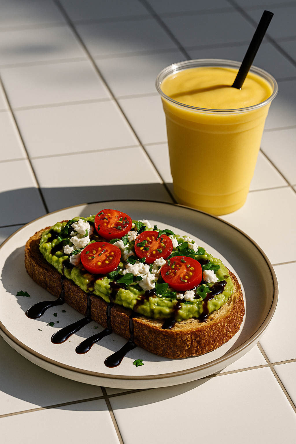 A plate of avocado toast topped with cherry tomatoes, crumbled feta cheese, and chopped herbs, with a drizzle of balsamic glaze, served with a mango smoothie in a clear plastic cup with a black straw on a white tiled surface.