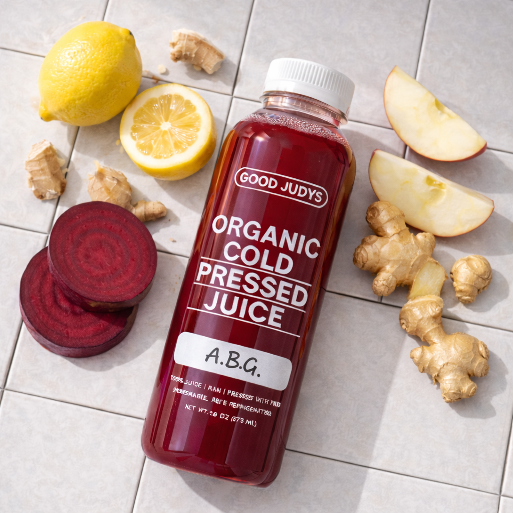 A cold-pressed juice in a bottle with beets, lemon, ginger, and fuji apples from Good Judy's Market and Juice bar. 