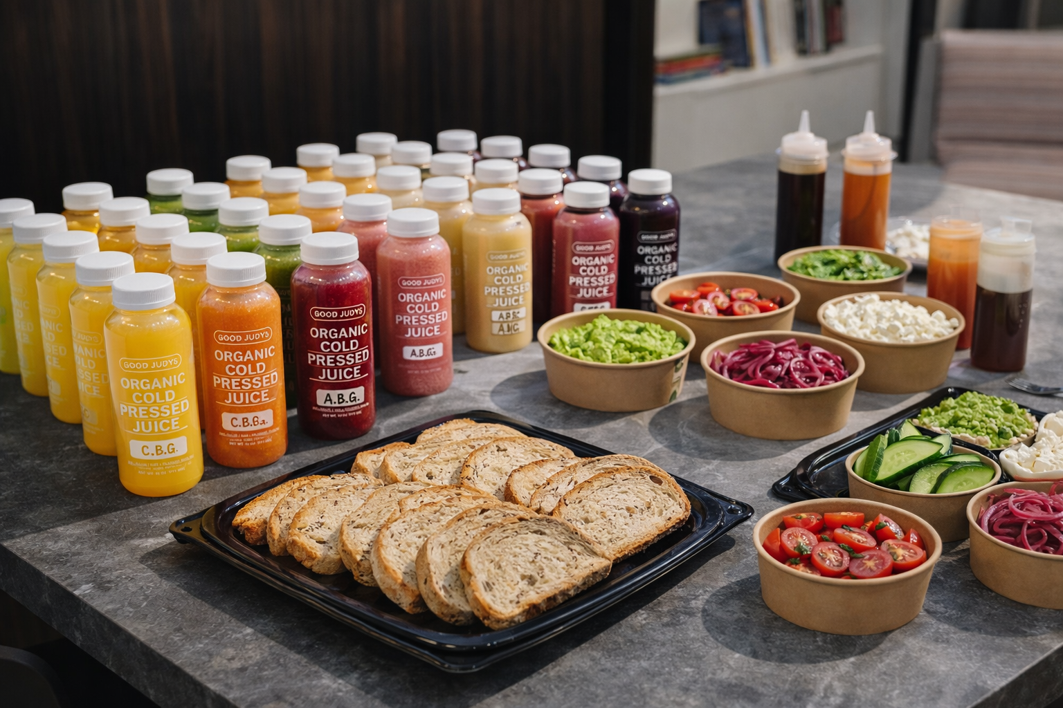A table with bottled juices, bowls of sliced vegetables and cherry tomatoes, bread slices, and condiments in squeeze bottles.