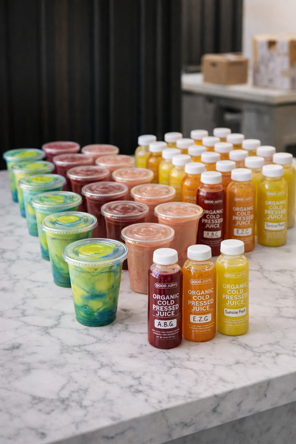 Various colorful organic cold pressed juices arranged on a marble countertop in bottles and cups.