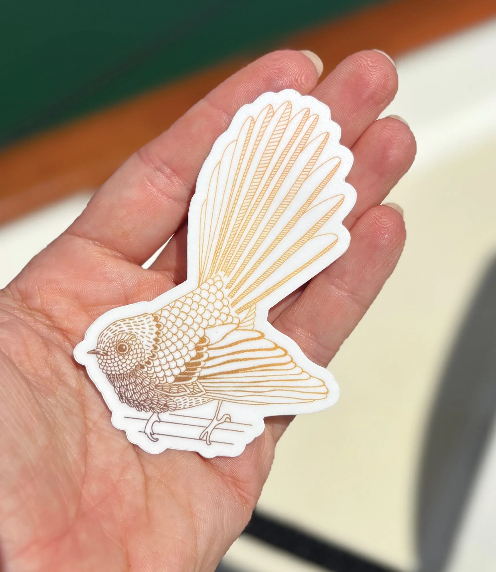 Vinyl fantail sticker. Unique New Zealand bird art encapsulated into a durable, waterproof sticker. Perfect for water bottles, laptop decals, or for a journal.