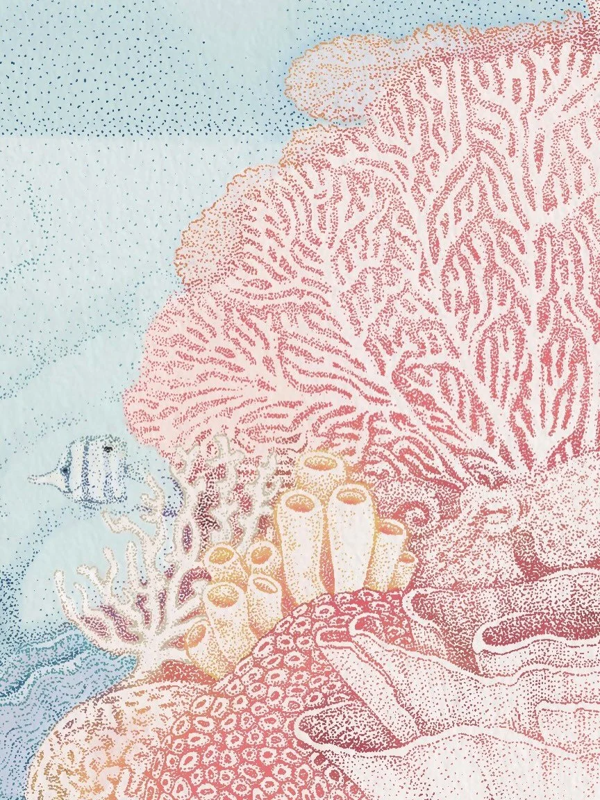 It&rsquo;s all in the details&hellip; each drawing I do is drawn solely in small dots, no lines. I usually draw just in black and white but it seemed more fitting to add colour when celebrating the ocean. There&rsquo;s a few creatures hidden in this 