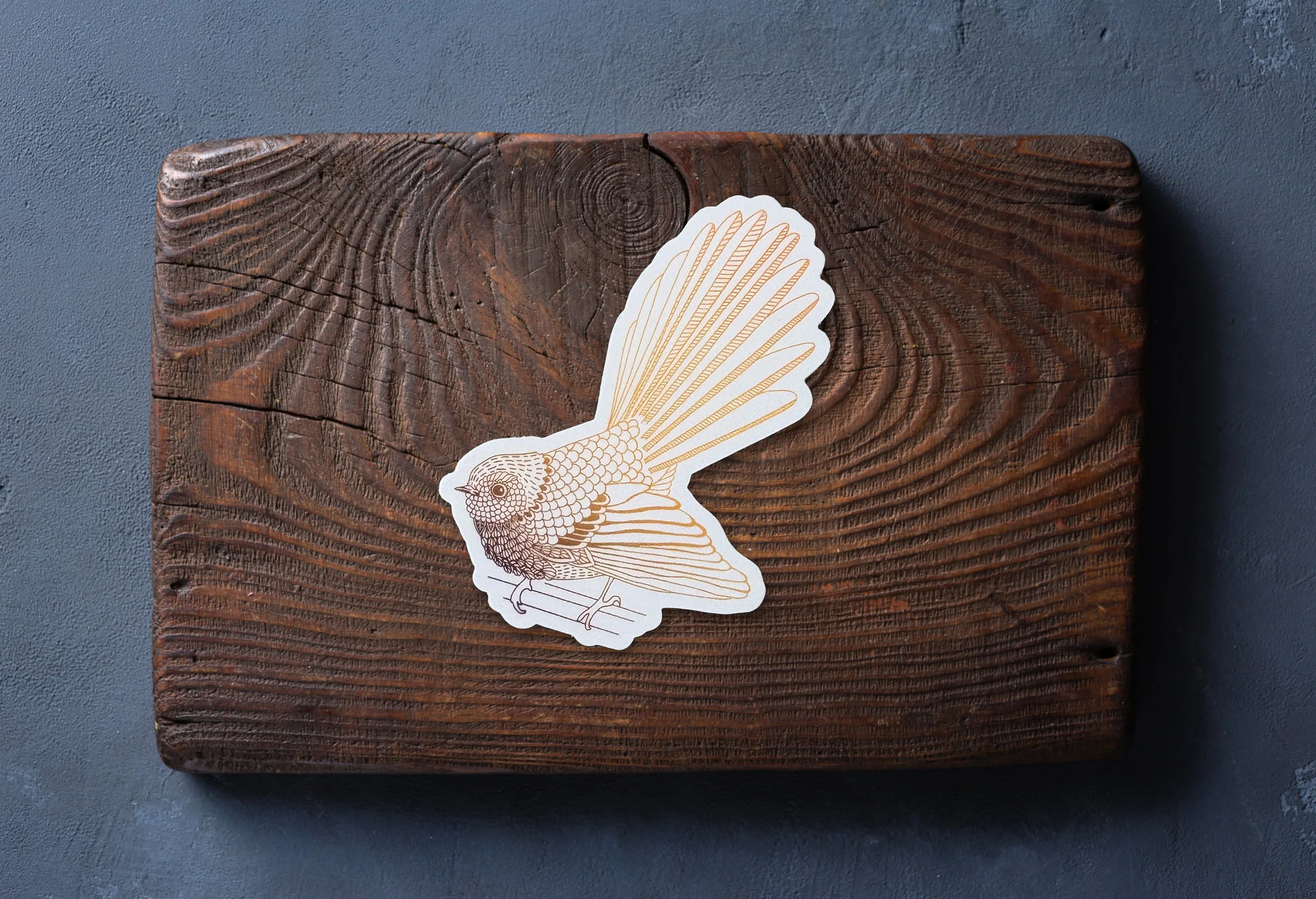 Vinyl fantail sticker. Unique New Zealand bird art encapsulated into a durable, waterproof sticker. Perfect for water bottles, laptop decals, or for a journal.