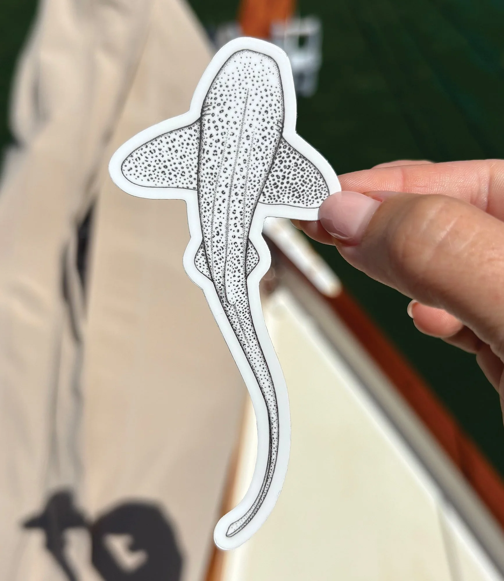 Vinyl sticker featuring a drawing of a leopard shark. Unique ocean art encapsulated into a durable, waterproof sticker. Perfect for water bottles, laptop decals, or for a journal.