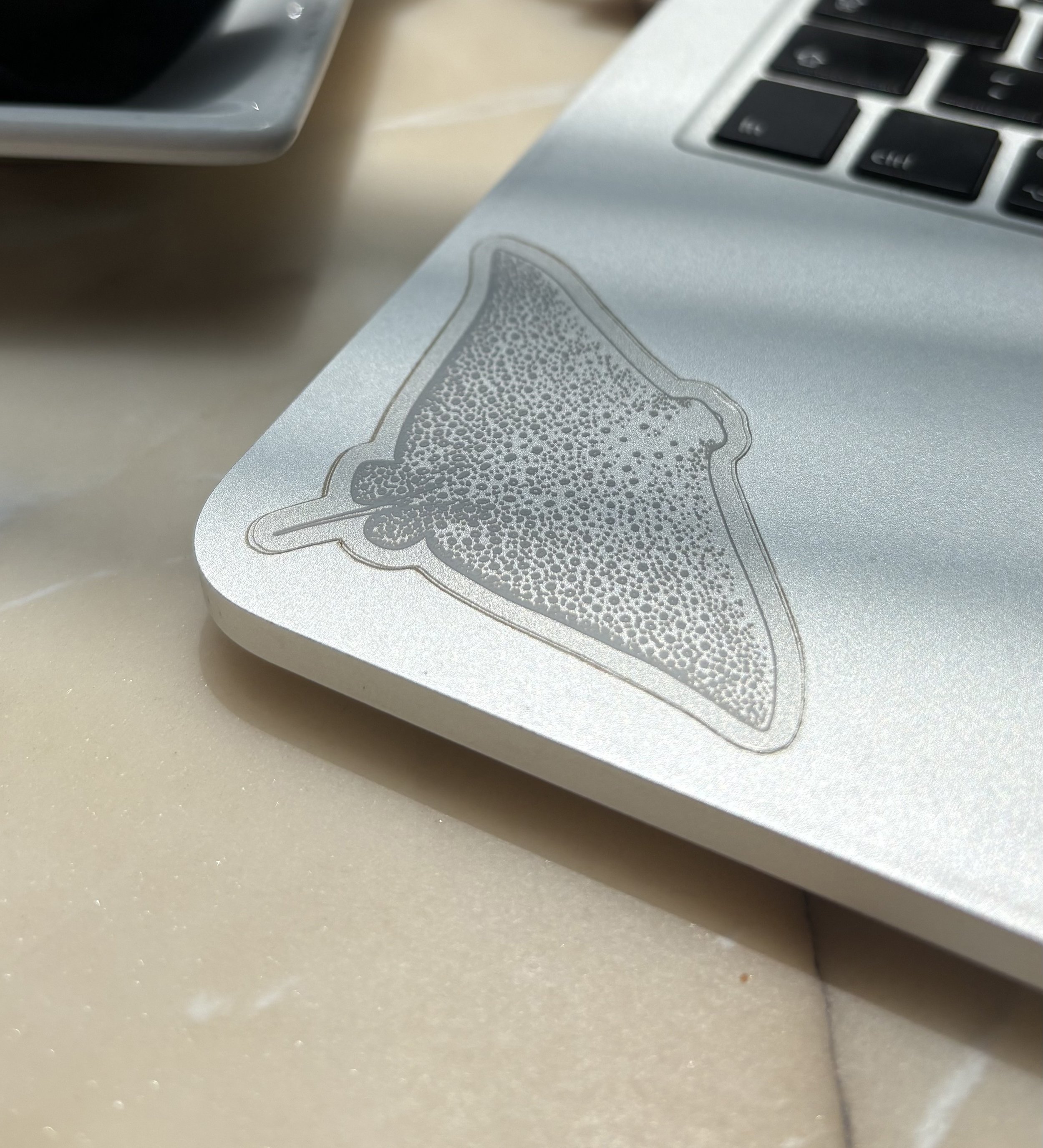 Vinyl sticker with a clear background featuring a drawing of an eagle ray. The sticker is stuck on to the corner of a silver laptop, showing the white eagle ray's patterns in a gentle light.