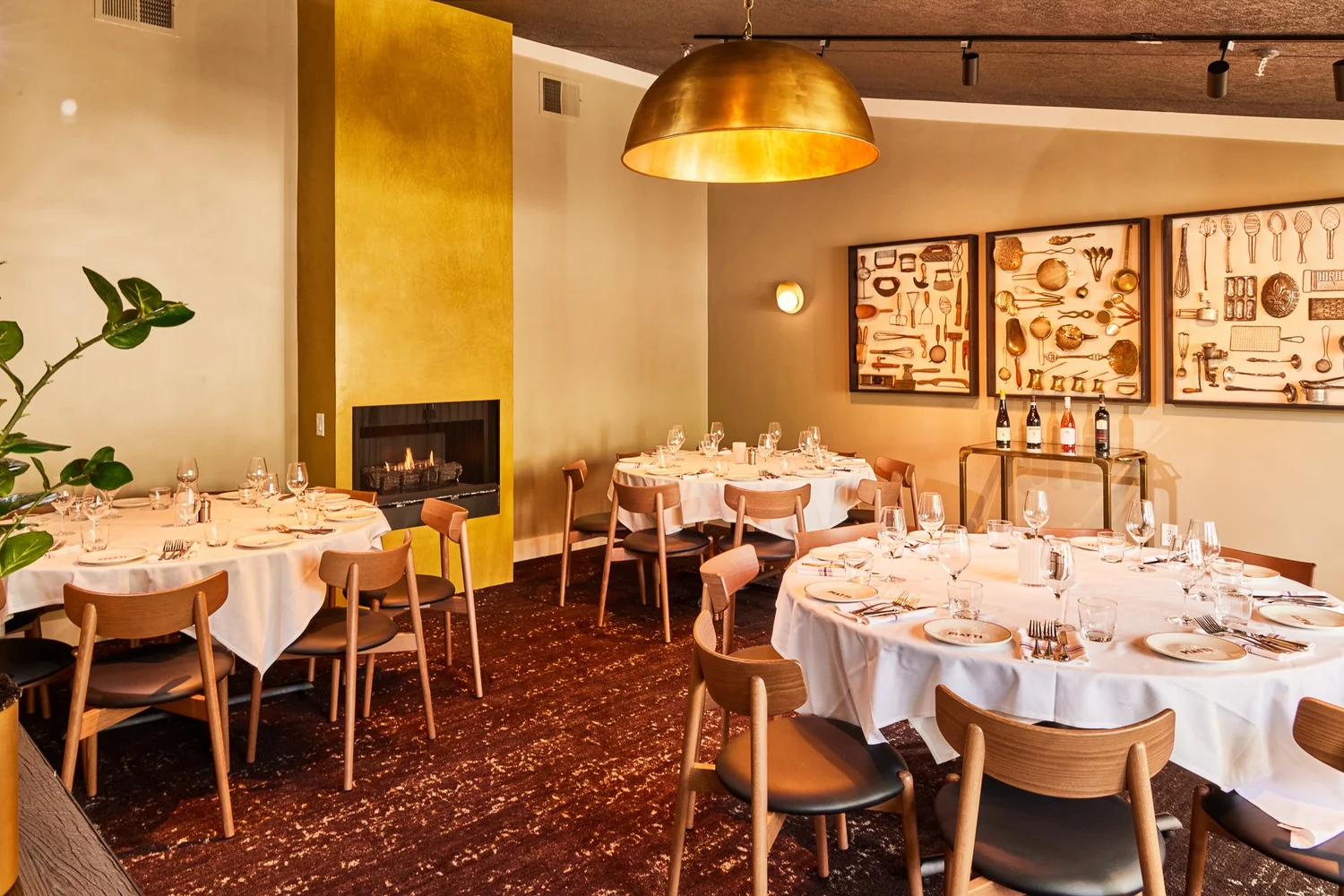 The Tuscan Room at Piatti Danville set for a private event in front of the fireplace