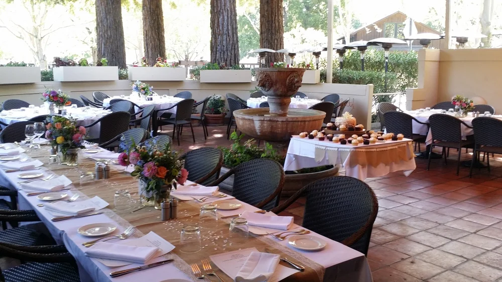 Piatti Danville Fountain Patio with tables set beside the fountain