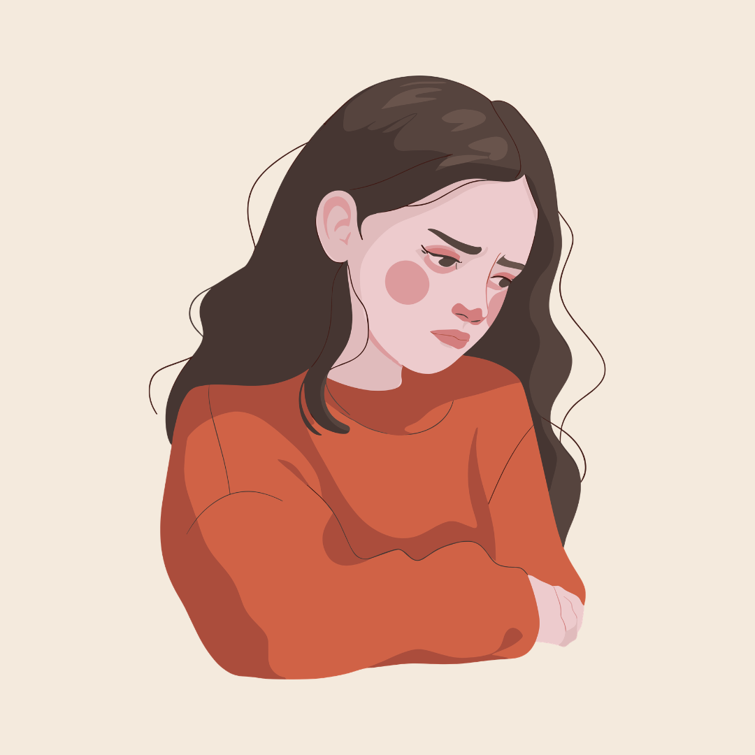 Graphic of a woman looking into the distance visibly troubled by her thoughts indicating unresolved trauma.