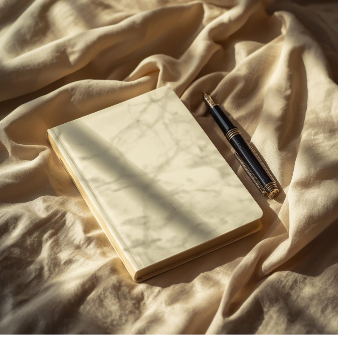 Photo of an unopened journal with a pen next to it on some sheets for trauma healing journal prompts.